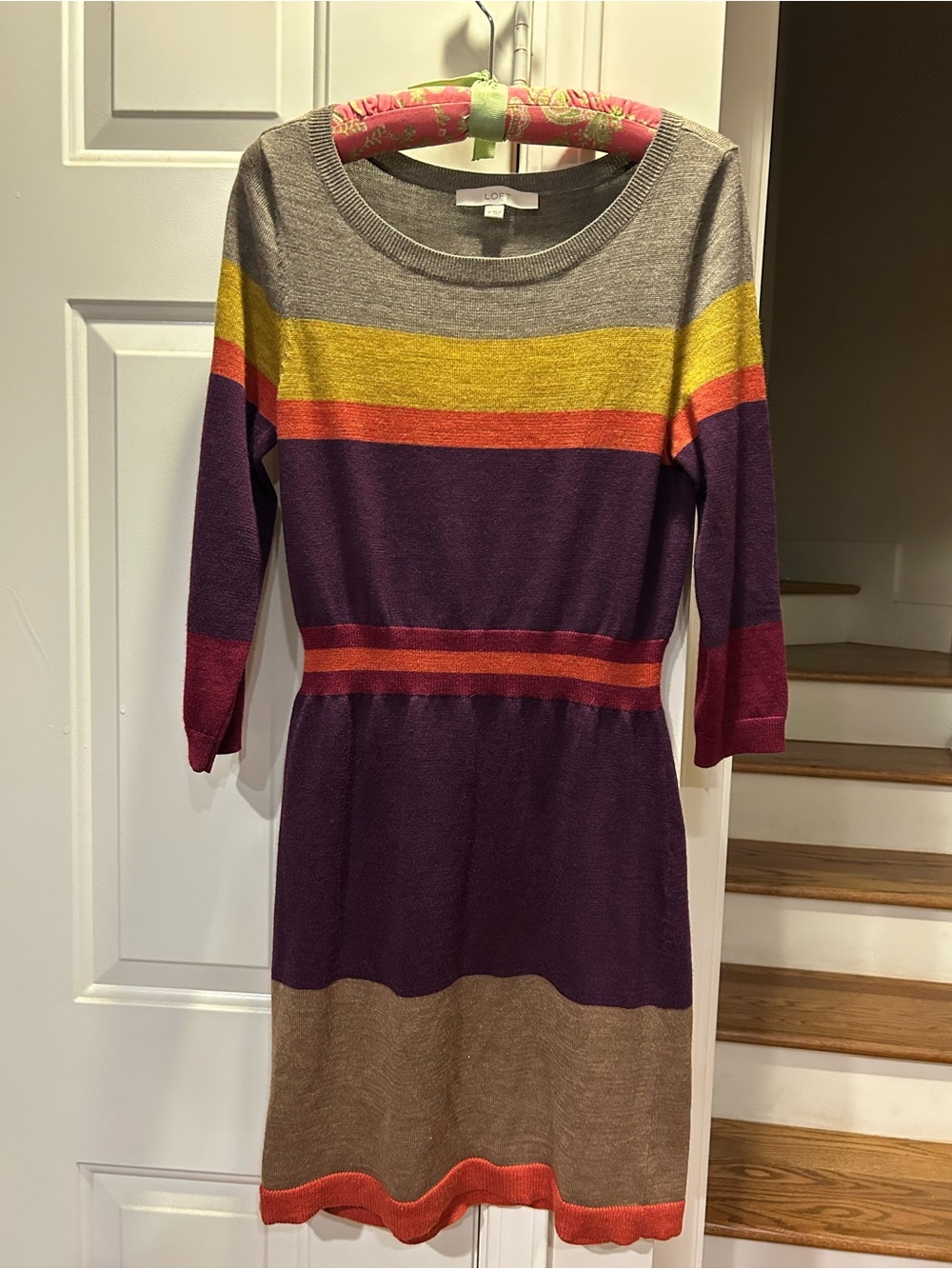 LOFT Purple Striped Long Sleeve Knit Dress with Yellow and Neutral Bands